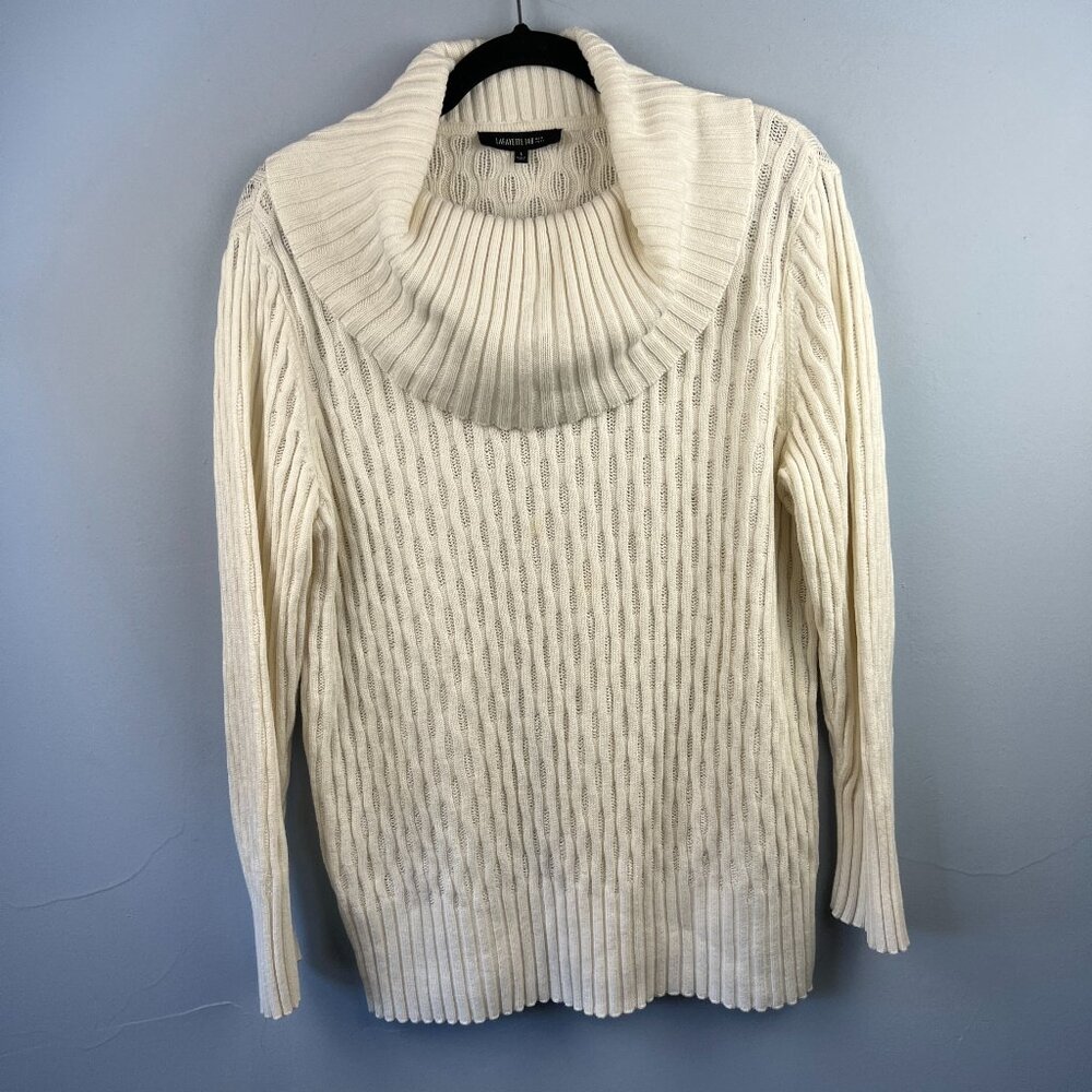 Lafayette 148 New York Ivory‎ Ribbed Cowl Neck Sweater Size L Modal Cotton Wool